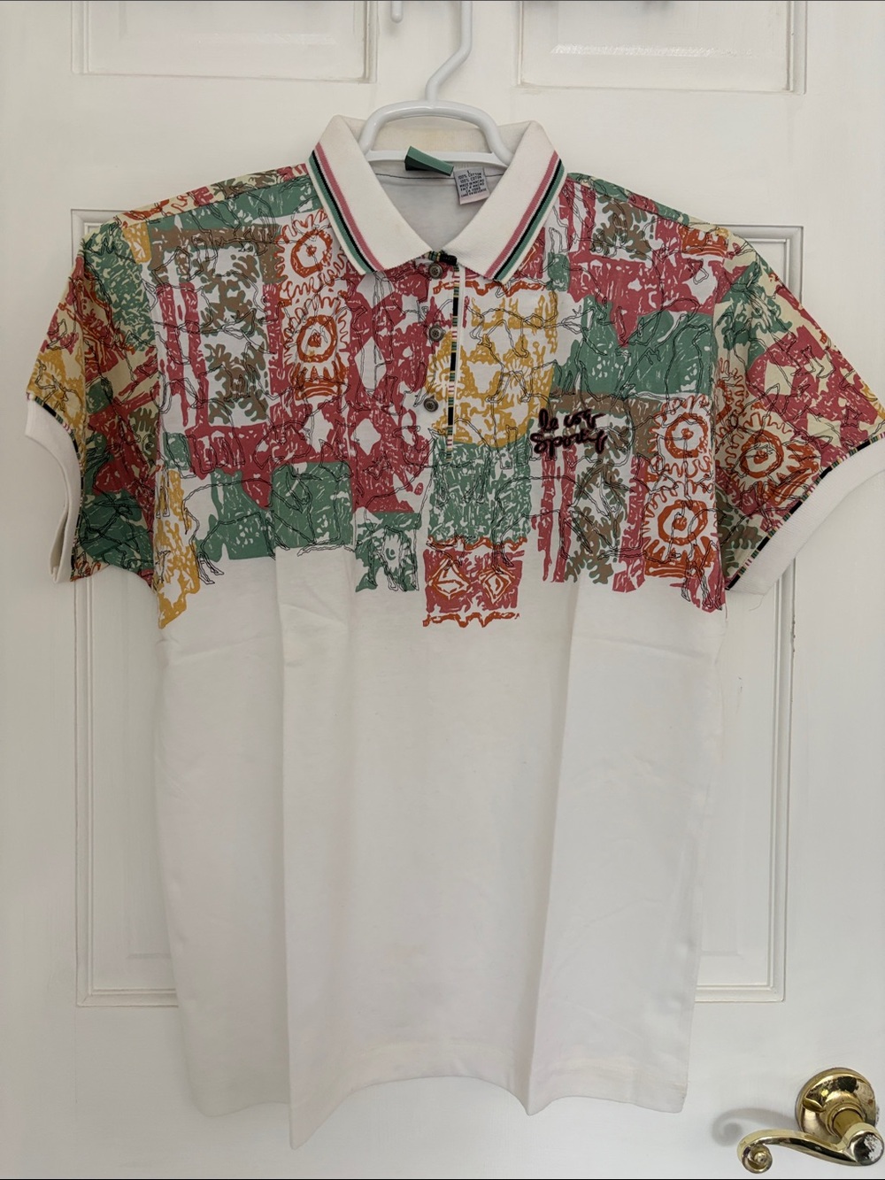 Le Coq Sportif White Polo with Multicolor Red Green Yellow Block Print